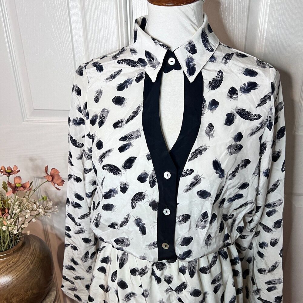 Grethel Womens 100% Silk Feather Print Blouson Dress Sz M Twee Office Artsy Y2K - Picture 2 of 13